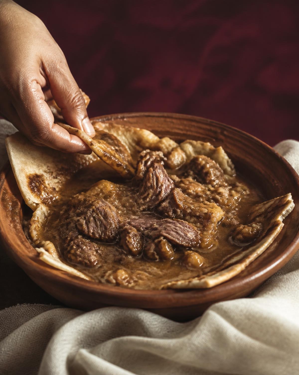 تشريب لحم مع خبز في وعاء فخاري واسع