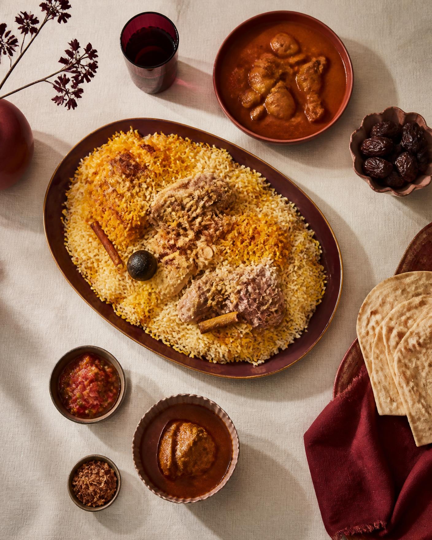 سفرة كويتية من الأعلى تضم طبق أرز كبير وأطباق جانبية وخبز وتمر